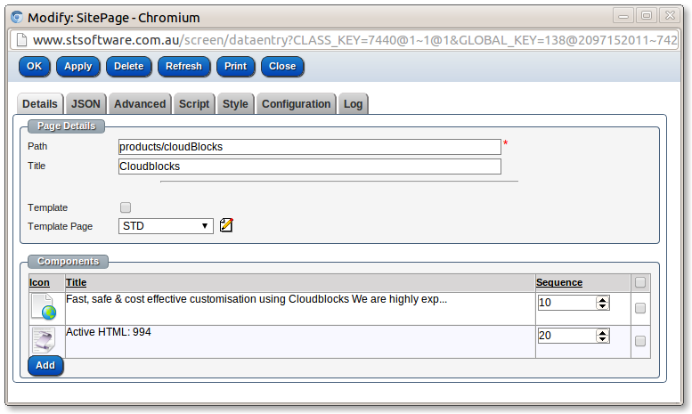 Page URL data entry screen